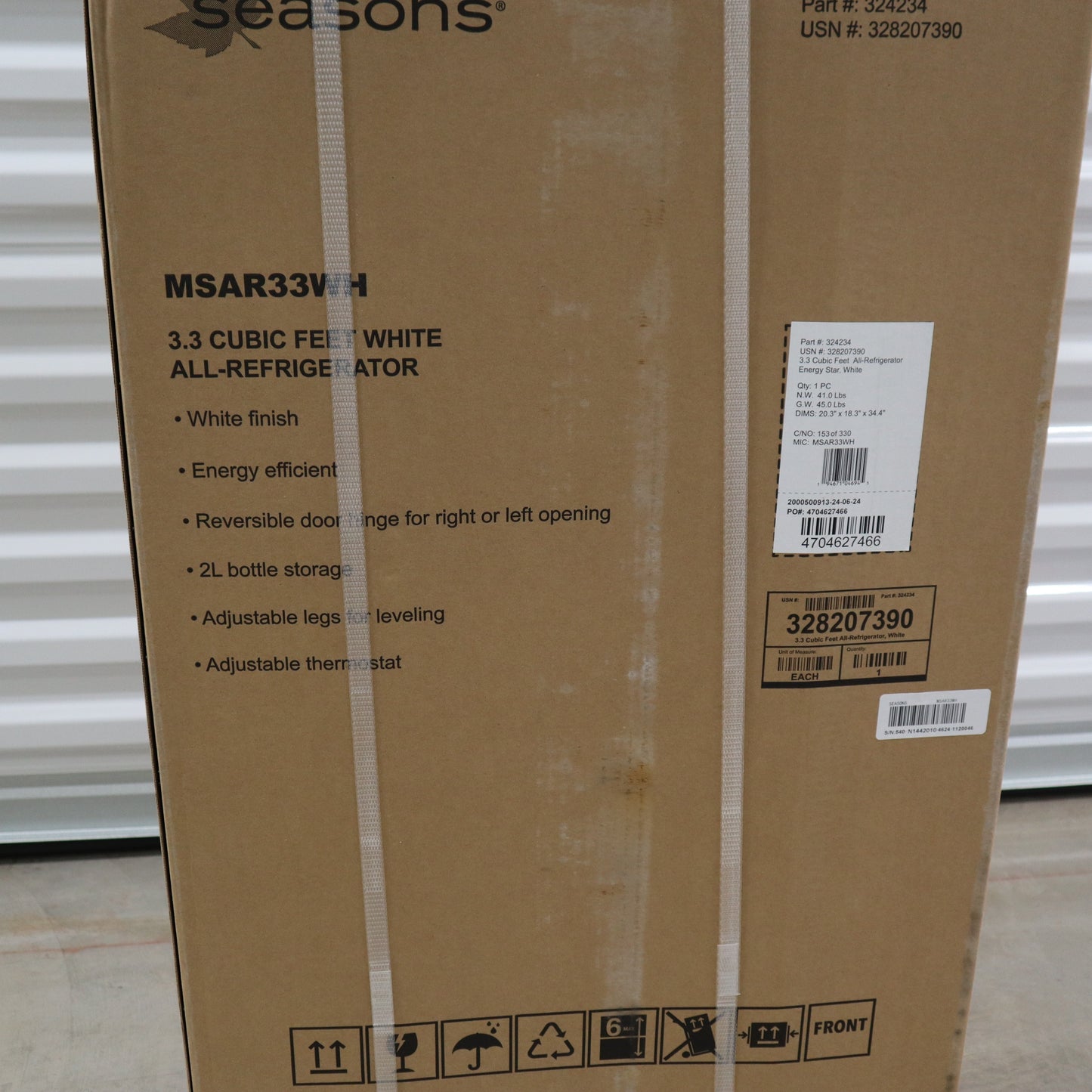 Seasons 3.3 Cu. Ft. All Fridge Compact Refrigerator. Energy Star, White - New