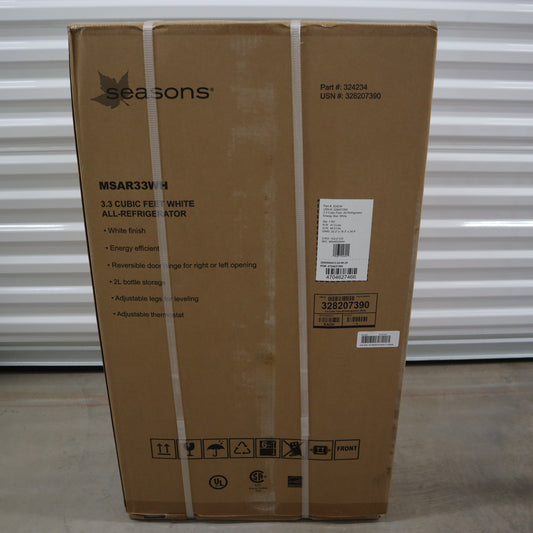 Seasons 3.3 Cu. Ft. All Fridge Compact Refrigerator. Energy Star, White - New
